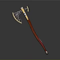 Ornate Decorative Axe With Black Head Intricate Patterns And Red Handle