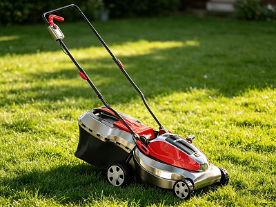 Red and Silver Agricultural Equipment Lawn Mower with Wheels on Green Grass 3d model