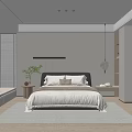 Modern Bedroom Interior Design With Gray Headboard Nightstand Plant Window Blinds And Area Rug