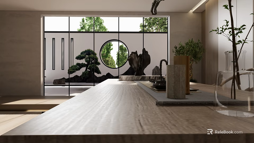 Traditional Chinese Tea Room Interior With Large Windows Bonsai Tree Stone Decorations And Wooden Countertop 3d model 