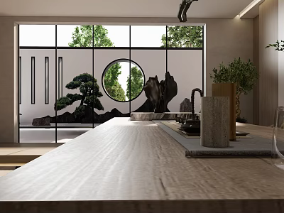 Traditional Chinese Tea Room Interior With Large Windows Bonsai Tree Stone Decorations And Wooden Countertop 3d model