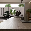 Traditional Chinese Tea Room Interior With Large Windows Bonsai Tree Stone Decorations And Wooden Countertop