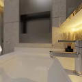 Bank Restroom Facilities With Modern Design Clean Sinks And Stalls
