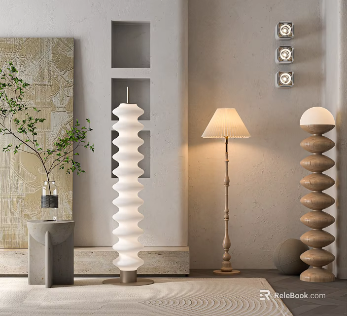 Modern Spiral White and Wooden Floor Lamps with Lampshade in Interior Decor Setting 3d model 