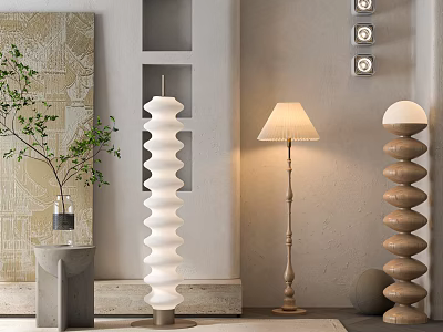 Modern Spiral White and Wooden Floor Lamps with Lampshade in Interior Decor Setting 3d model