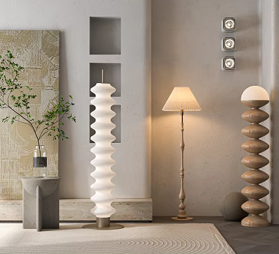 Modern Spiral White and Wooden Floor Lamps with Lampshade in Interior Decor Setting 3d model