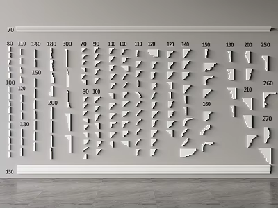 Various Styles And Sizes Of Gypsum Cornices Arranged On Wall With Numbered Labels 3d model