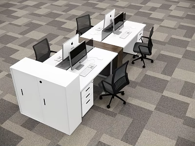 Modern Office Workstation Desk With White Surface Black Chairs And Computer Monitors 3d model