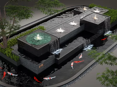 Serene Water Fountain Landscape With Koi Fish Green Plants And Flowing Streams 3d model