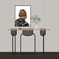 Modern Console Table With Abstract Painting Green Plant Vase And Decorative Jars On Herringbone Floor