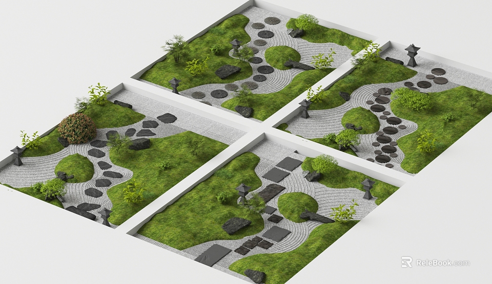 Stepping Stones Garden Pathway With Greenery And Natural Stone Landscape Design 3d model 