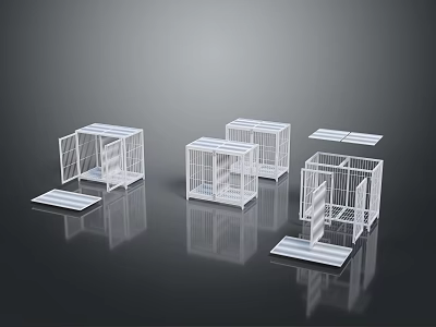 White Animal Cages With Various Styles Open Doors And Black Background Reflections 3d model