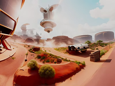 Cartoon Sci Fi Desert Scene With Futuristic Buildings And Vehicle 3d model