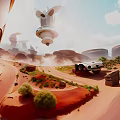 Cartoon Sci Fi Desert Scene With Futuristic Buildings And Vehicle