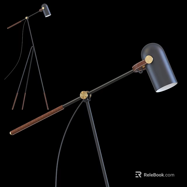 Modern Floor Lamp With Black Shade Wooden Arm And Metal Stand 3d model 