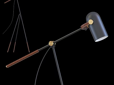 Modern Floor Lamp With Black Shade Wooden Arm And Metal Stand 3d model