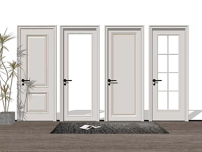 White Hinged Doors Various Styles In Interior With Wooden Floor And Potted Plant 3d model