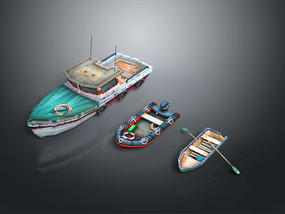 Different Types of Water Vehicles Including Green White Fishing Boat Motorboat and Rowboat 3d model