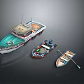 Different Types of Water Vehicles Including Green White Fishing Boat Motorboat and Rowboat