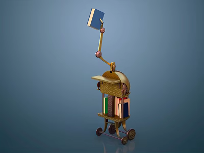 Golden Mechanical Device With Arm Holding Book And Books Inside On Wheels 3d model