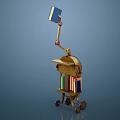 Golden Mechanical Device With Arm Holding Book And Books Inside On Wheels