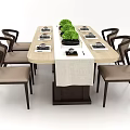 Rectangular Dining Table Set With Eight Dark Frame Chairs Light Cushion Linen Runner Green Plants 3d model