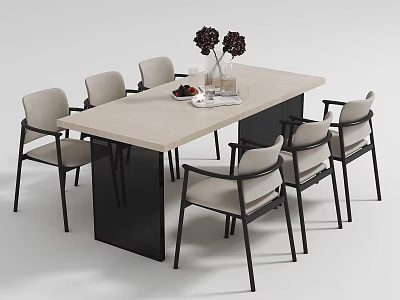 Minimalist Dining Table Set With Rectangular Beige Top Black Metal Legs And Beige Cushioned Chairs 3d model
