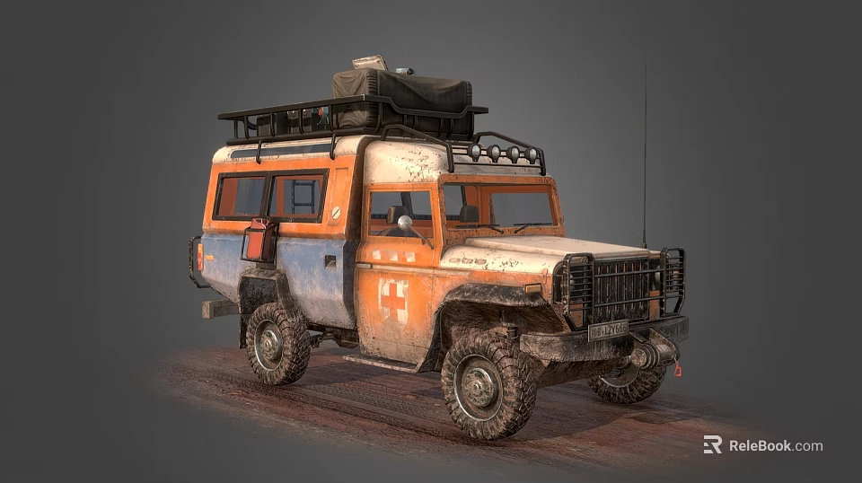 Vintage Orange And Blue Off-Road Vehicle With Roof Rack Gear Bull Bar And Off-Road Tires 3d model 