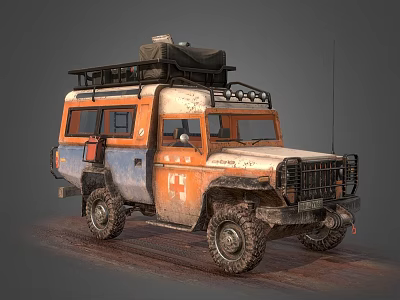 Vintage Orange And Blue Off-Road Vehicle With Roof Rack Gear Bull Bar And Off-Road Tires 3d model