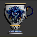 Ceramic Sculpture Vase with Blue and White Patterns Golden Rim and Woven Base