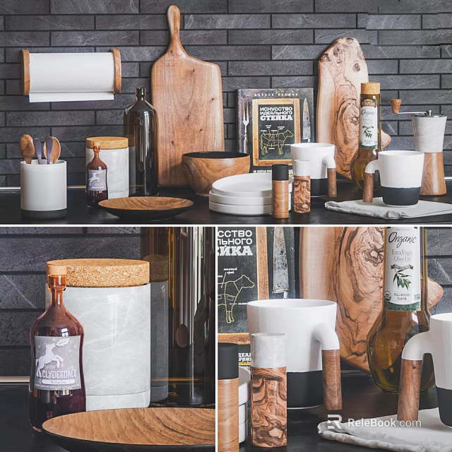 Stylish Modern Kitchenware Display With Wooden Cutting Boards Ceramic Containers And Glass Bottles 3d model 