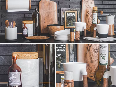 Stylish Modern Kitchenware Display With Wooden Cutting Boards Ceramic Containers And Glass Bottles 3d model