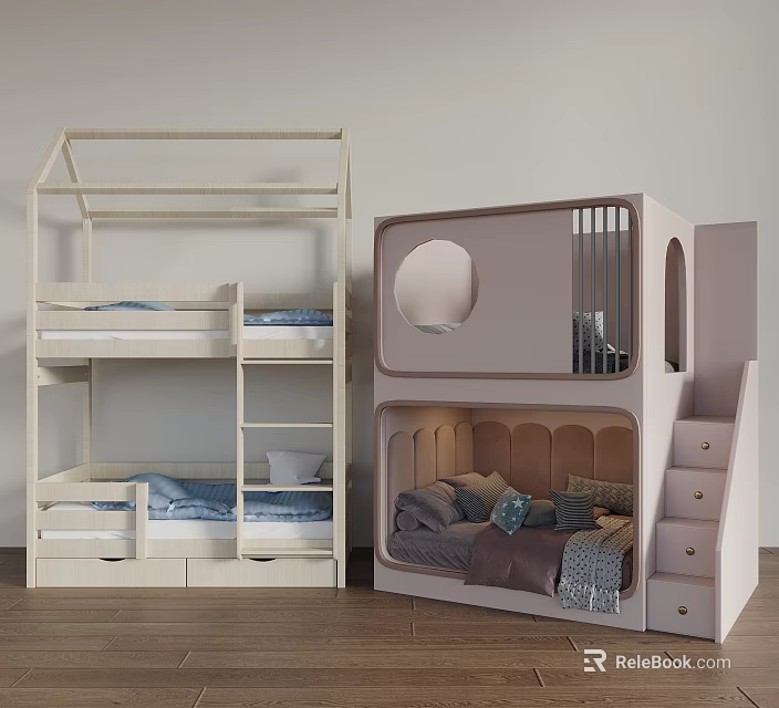 Wooden And Pink Bunk Beds With House Shaped Roof Round Window Storage Stairs And Soft Cushions 3d model 