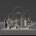 Stylish Event Gateway Featuring Arched Design White Pillars Golden Egg Decor Blue Flowers Hanging Lights