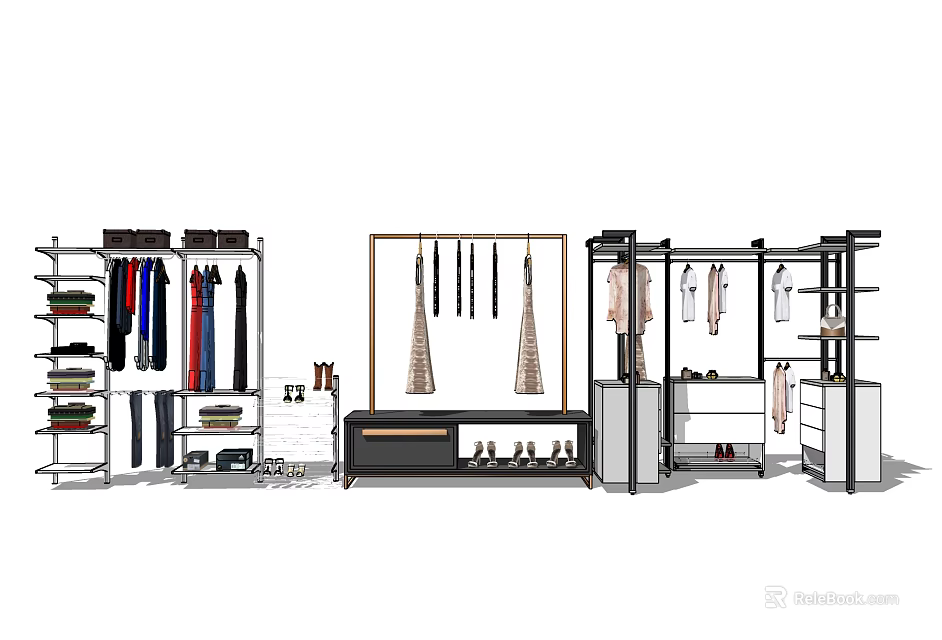 Stylish Clothes Hangers In Fashion Retail Store With Hanging Dresses And Shoes 3d model 
