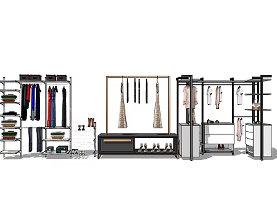 Stylish Clothes Hangers In Fashion Retail Store With Hanging Dresses And Shoes 3d model