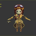 Cartoon Man In Yellow Red Outfit With Goggles Holding Small Airplane Model On Dark Background
