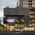 Modern Office Building Exterior Design With Stone Facade Glass Curtain Wall And Street Trees