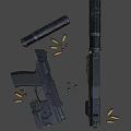 Black Tactical Pistol With Magazine And Bullets On Dark Background
