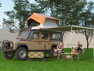 Off-Road Vehicle With Orange Roof Tent Awning And Two People Camping On Grassland 3d model