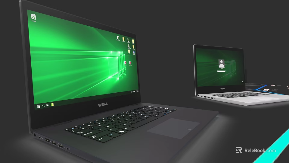 Modern Dell Laptops With Green Desktop Screen And User Profile Interface Icons 3d model 