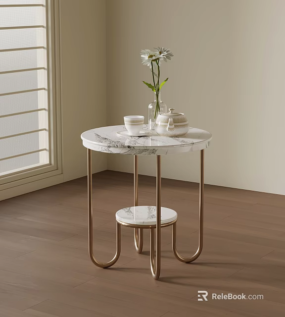 Modern Side Table With Marble Top Gold Legs Vase Flower Cups And Teapot 3d model 
