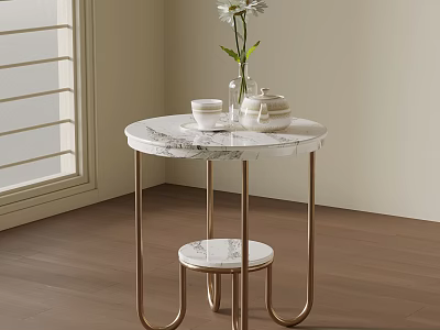 Modern Side Table With Marble Top Gold Legs Vase Flower Cups And Teapot 3d model
