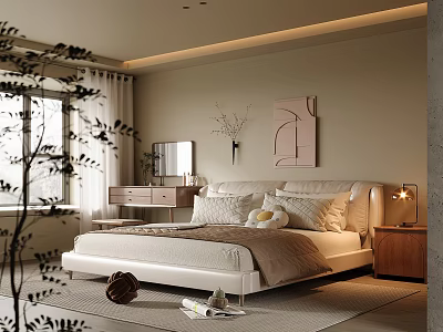 Modern Beige Bedroom With Large Bed Nightstand Dresser Curtains Soft Lighting And Decorative Artwork 3d model