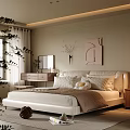 Modern Beige Bedroom With Large Bed Nightstand Dresser Curtains Soft Lighting And Decorative Artwork