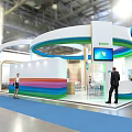 DSM Exhibition Booth Modern Design With Curved Canopy Colorful Stripe Counters And Digital Screens
