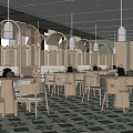 Elegant Restaurant Interior With Arched Partitions Chandeliers Round Wooden Tables Green Tiles And Mirrored Ceiling