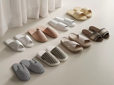 Slippers In Various Styles Colors And Checkered Patterns With Woven Fabric For Home 3d model