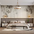 Bedroom Interior With Bamboo Pattern Wallpaper Chandelier Bedside Tables Bed And Rug