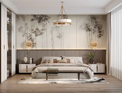 Bedroom Interior With Bamboo Pattern Wallpaper Chandelier Bedside Tables Bed And Rug 3d model